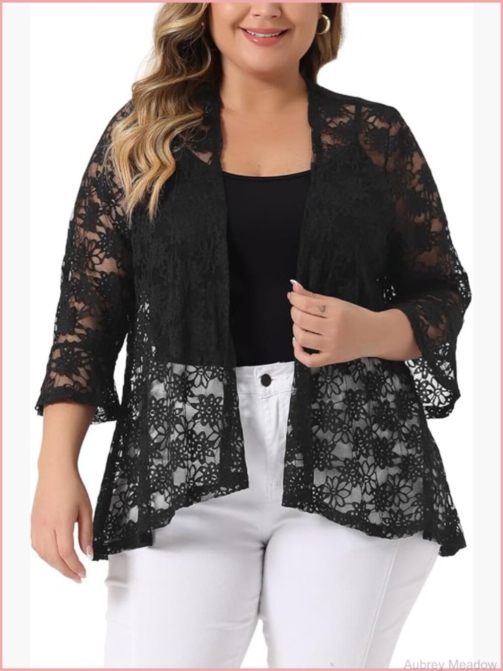 Plus Size Lace Cardigan Open Front 3/4 Bell Sleeve Sheer Crochet Bolero Shrug